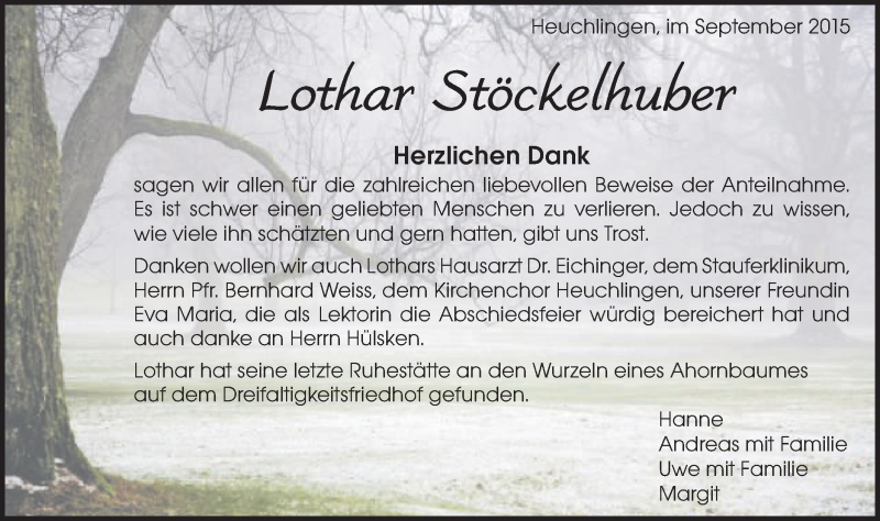  Traueranzeige für Lothar Stöckelhuber vom 26.09.2015 aus Gmünder Tagespost