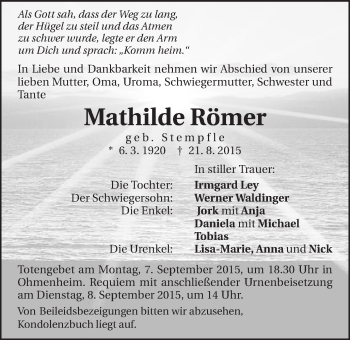 Traueranzeige von Mathilde Römer von Schwäbische Post