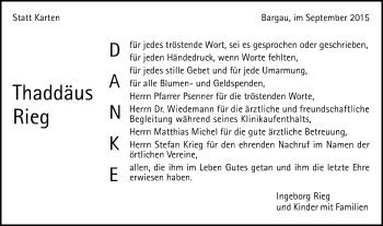 Traueranzeige von Thaddäus Rieg von Gmünder Tagespost