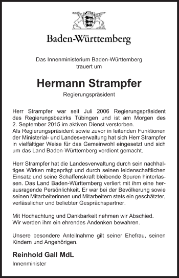 Traueranzeige von Hermann Strampfer von Gmünder Tagespost