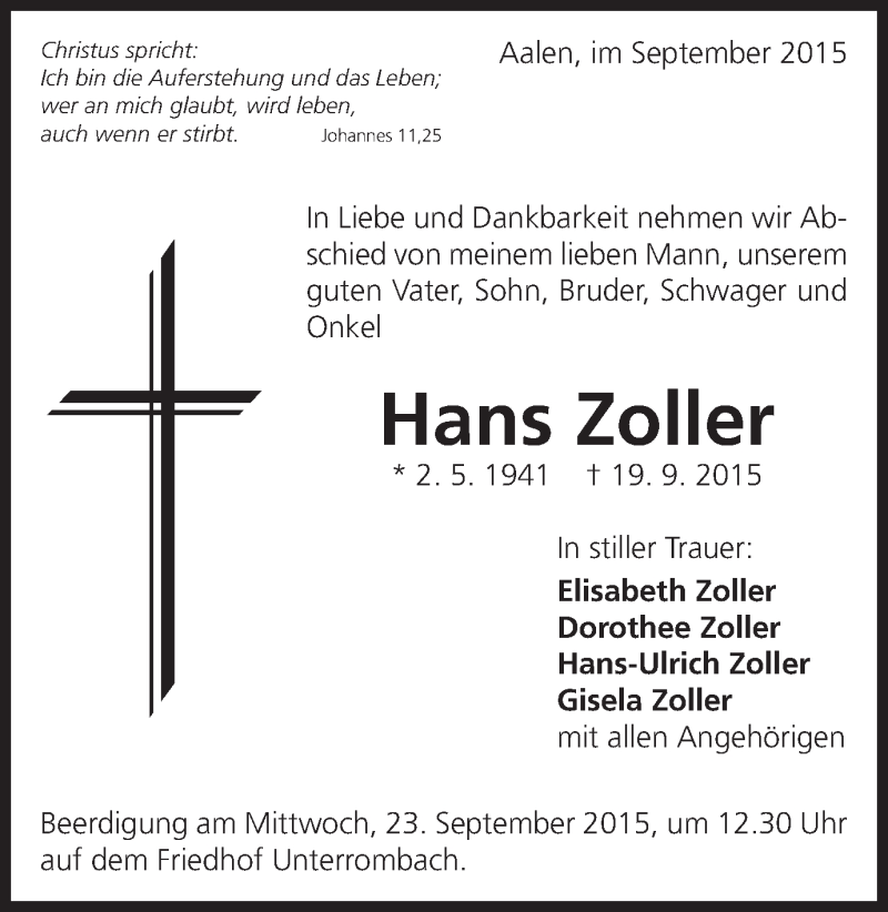  Traueranzeige für Hans Zoller vom 21.09.2015 aus Schwäbische Post