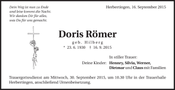 Traueranzeige von Doris Römer von Schwäbische Post