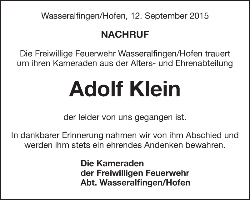  Traueranzeige für Adolf Klein vom 12.09.2015 aus Schwäbische Post