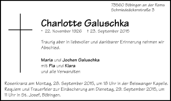 Traueranzeige von Charlotte Galuschka von Gmünder Tagespost