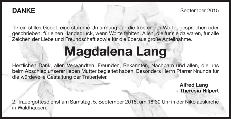 Traueranzeige für Magdalena Lang vom 03.09.2015 aus Schwäbische Post