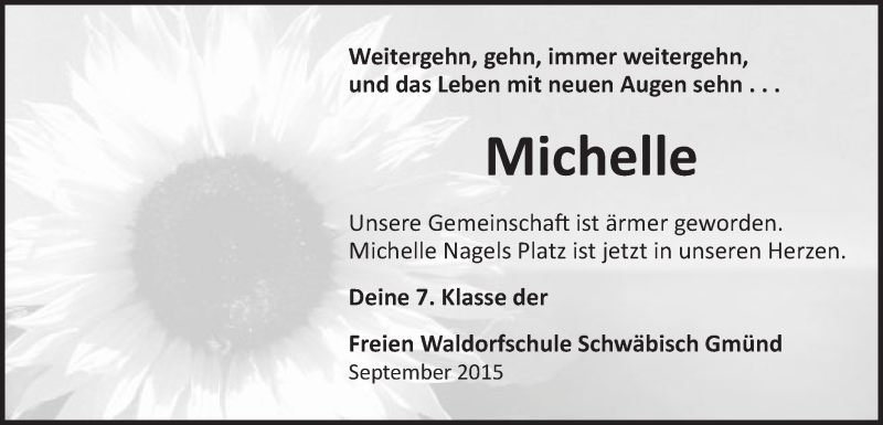  Traueranzeige für Michelle Nagel  vom 19.09.2015 aus Gmünder Tagespost
