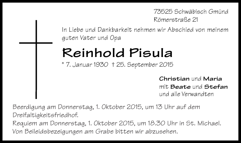  Traueranzeige für Reinhold Pisula vom 30.09.2015 aus Gmünder Tagespost