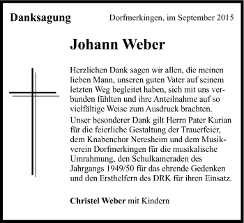 Traueranzeige von Johann Weber von Schwäbische Post