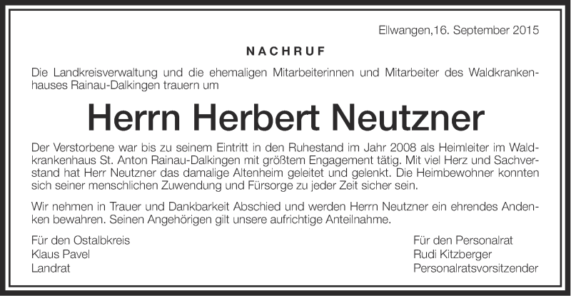  Traueranzeige für Herbert Neutzner vom 17.09.2015 aus Schwäbische Post
