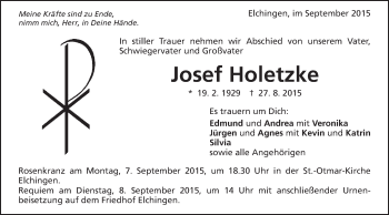 Traueranzeige von Josef Holetzke von Schwäbische Post