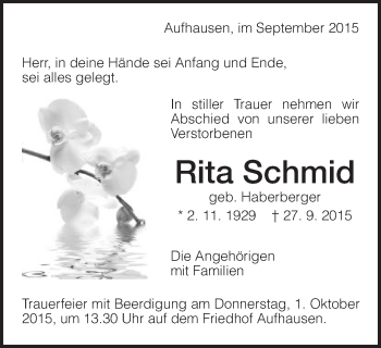 Traueranzeige von Rita Schmid von Schwäbische Post