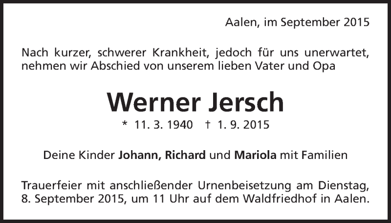  Traueranzeige für Werner Jersch vom 05.09.2015 aus Schwäbische Post