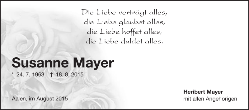  Traueranzeige für Susanne Mayer vom 05.09.2015 aus Schwäbische Post