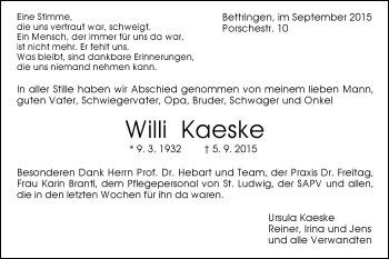 Traueranzeige von Willi Kaeske von Gmünder Tagespost