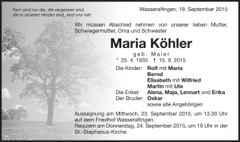 Traueranzeige von Maria Köhler von Schwäbische Post
