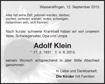 Traueranzeige von Adolf Klein von Schwäbische Post