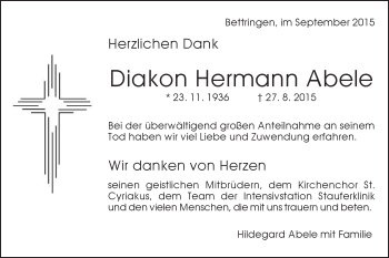 Traueranzeige von Hermann Abele von Gmünder Tagespost