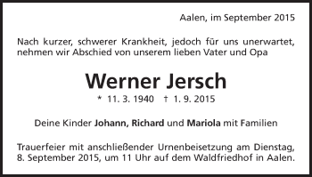 Traueranzeige von Werner Jersch von Schwäbische Post