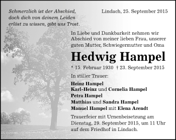 Traueranzeige von Hedwig Hampel von Gmünder Tagespost