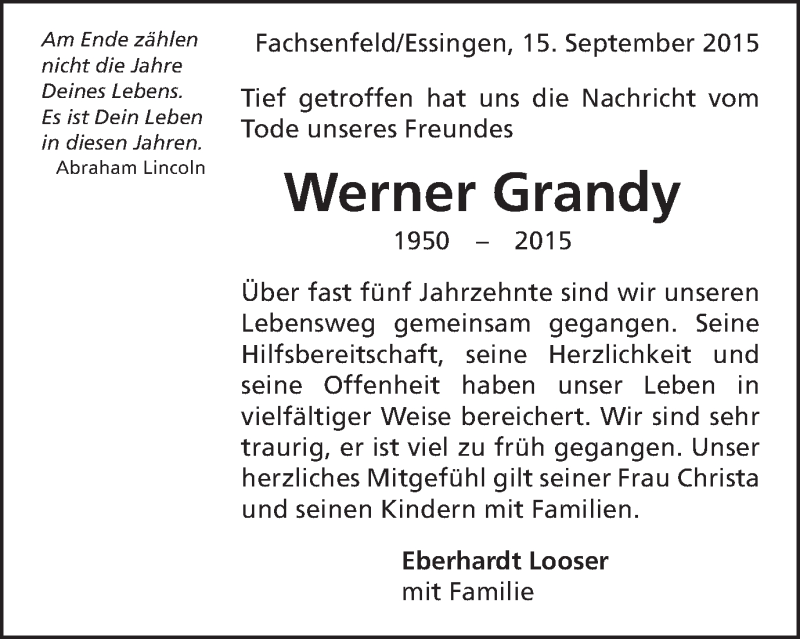  Traueranzeige für Werner Grandy vom 15.09.2015 aus Schwäbische Post
