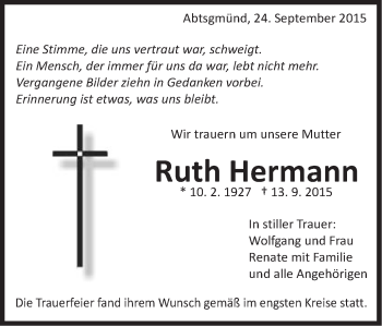 Traueranzeige von Ruth Hermann von Schwäbische Post