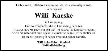 Traueranzeige von Willi Kaeske von Gmünder Tagespost