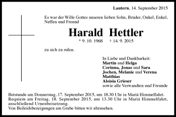 Traueranzeige von Harald Hettler von Gmünder Tagespost