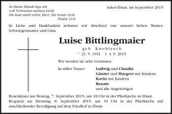 Traueranzeige von Luise Bittlingmaier von Schwäbische Post