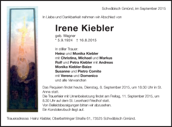 Traueranzeige von Irene Kiebler von Gmünder Tagespost