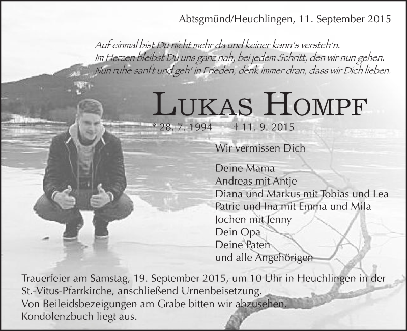  Traueranzeige für Lukas Hompf vom 17.09.2015 aus Schwäbische Post