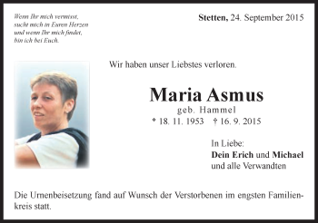 Traueranzeige von Maria Asmus von Schwäbische Post