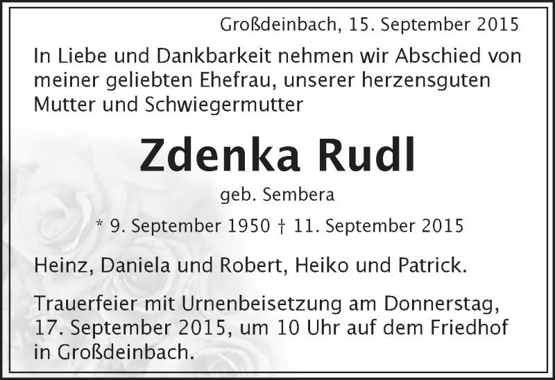  Traueranzeige für Zdenka Rudl vom 15.09.2015 aus Gmünder Tagespost