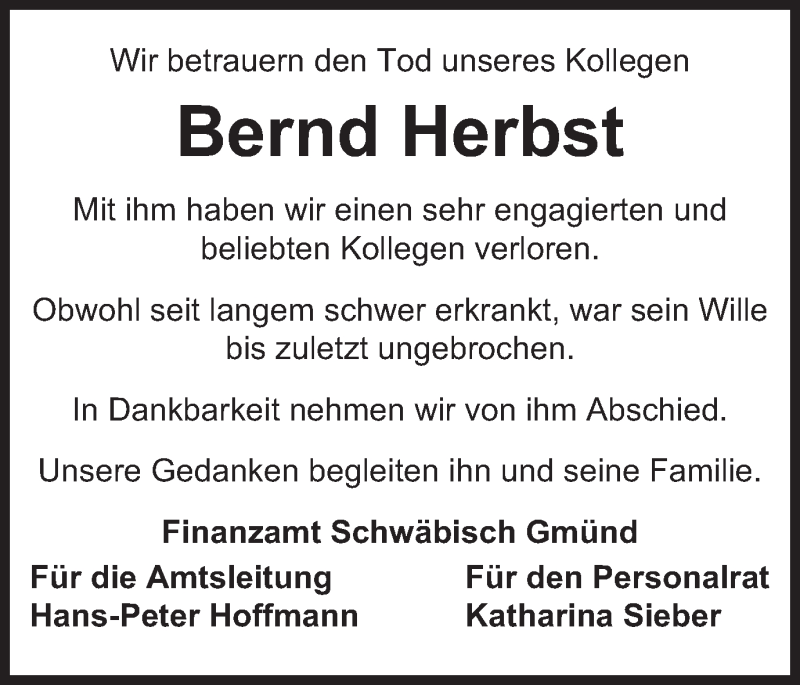  Traueranzeige für Bernd Herbst vom 19.09.2015 aus Gmünder Tagespost