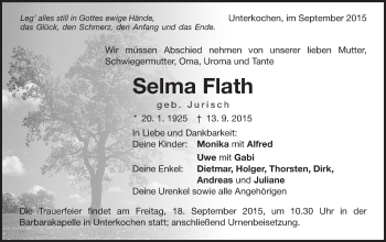 Traueranzeige von Selma Flath von Schwäbische Post