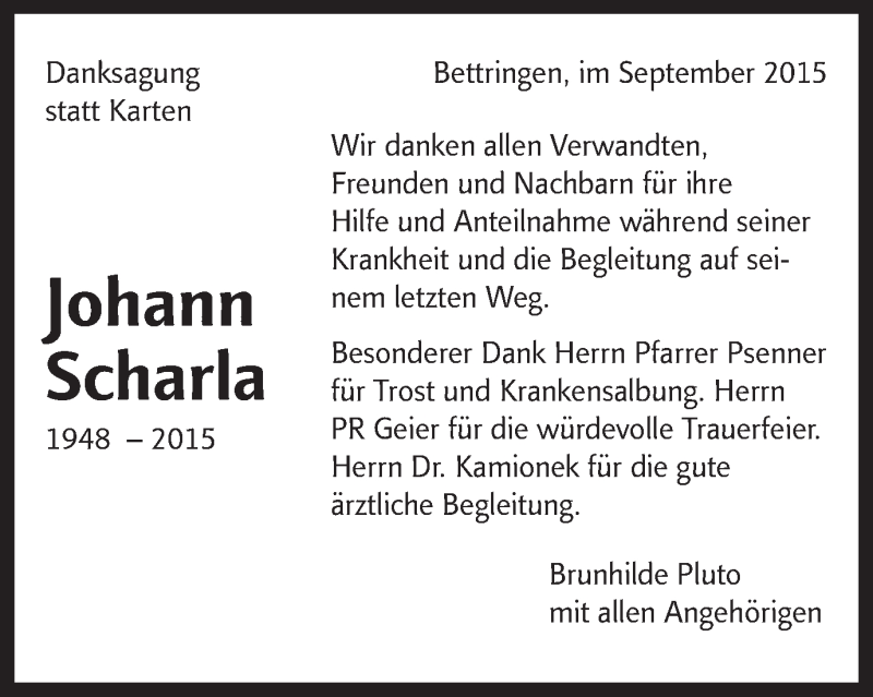  Traueranzeige für Johann Scharla vom 15.09.2015 aus Gmünder Tagespost