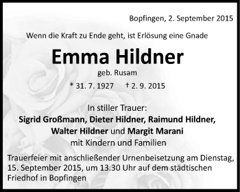 Traueranzeige von Emma Hildner von Schwäbische Post