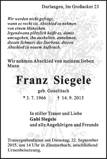 Traueranzeige von Franz Siegele von Gmünder Tagespost