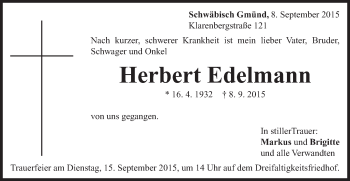 Traueranzeige von Herbert Edelmann von Gmünder Tagespost