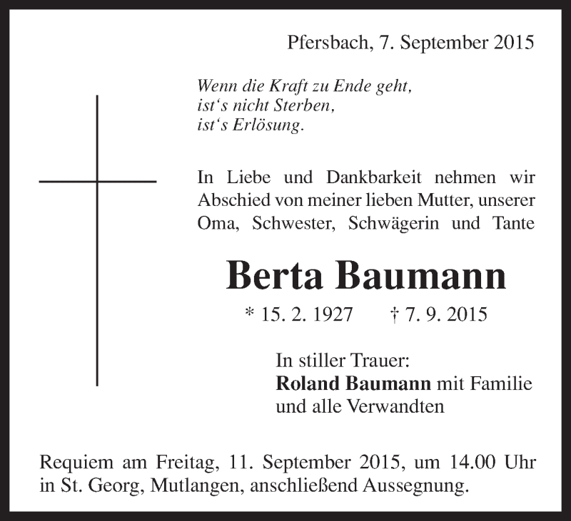  Traueranzeige für Berta Baumann vom 09.09.2015 aus Gmünder Tagespost