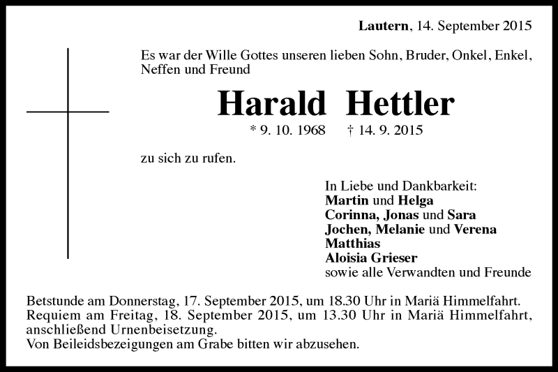  Traueranzeige für Harald Hettler vom 16.09.2015 aus Gmünder Tagespost