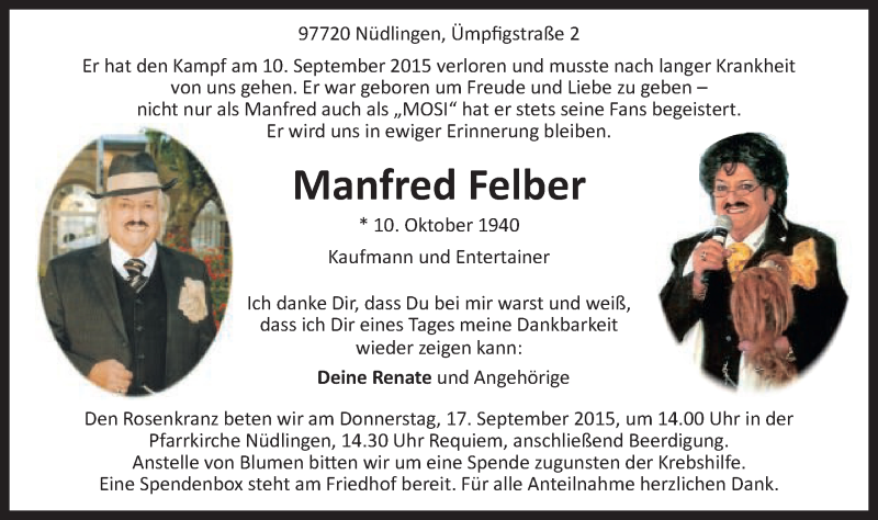  Traueranzeige für Manfred Felber vom 12.09.2015 aus Schwäbische Post