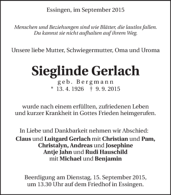 Traueranzeige von Sieglinde Gerlach von Schwäbische Post