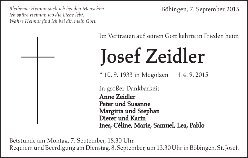  Traueranzeige für Josef Zeidler vom 07.09.2015 aus Schwäbische Post