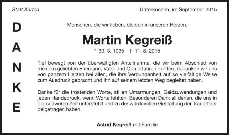  Traueranzeige für Martin Kegreiß vom 02.09.2015 aus Schwäbische Post