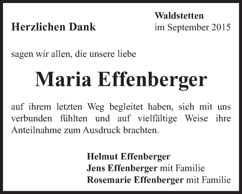  Traueranzeige für Maria Effenberger vom 14.09.2015 aus Gmünder Tagespost