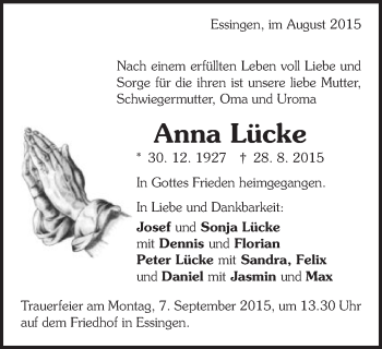 Traueranzeige von Anna Lücke von Schwäbische Post
