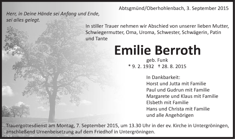  Traueranzeige für Emilie Berroth vom 03.09.2015 aus Schwäbische Post
