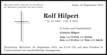 Traueranzeige von Rolf Hilpert von Schwäbische Post
