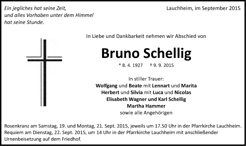  Traueranzeige für Bruno Schellig vom 16.09.2015 aus Schwäbische Post