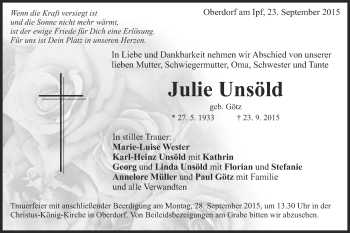 Traueranzeige von Julie Unsöld von Schwäbische Post
